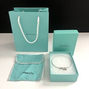 Tiffany & Co 925 750 Hook Eye Love Knot Bangle Bracelet Silver Gold 6.5" Box Bag